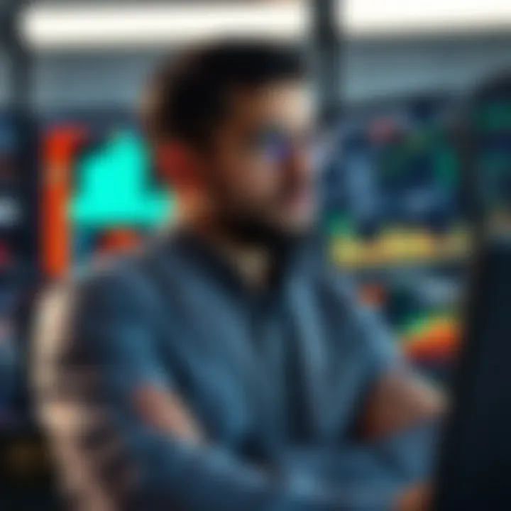 Investor contemplating strategies in front of multiple screens