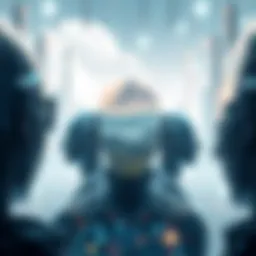 An abstract representation of the metaverse with digital landscapes and avatars